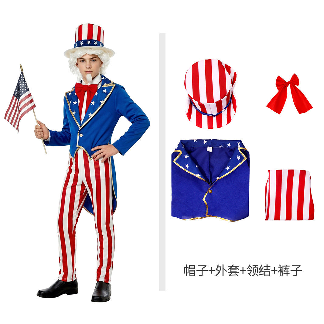 Unisex nan Patriotic Americana Uncle Sam Costume Set with Tailcoat, Striped Trousers, Top Hat and Bow Kalsten