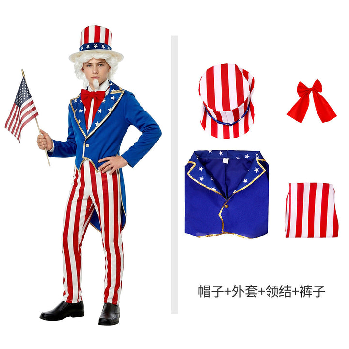 Unisex nan Patriotic Americana Uncle Sam Costume Set with Tailcoat, Striped Trousers, Top Hat and Bow Kalsten