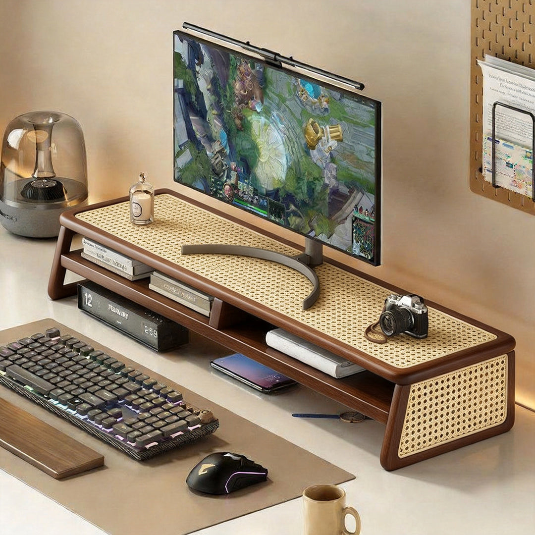 Curved Wood-Top Monitor Riser with Metal Frame and Under-Shelf Organizer