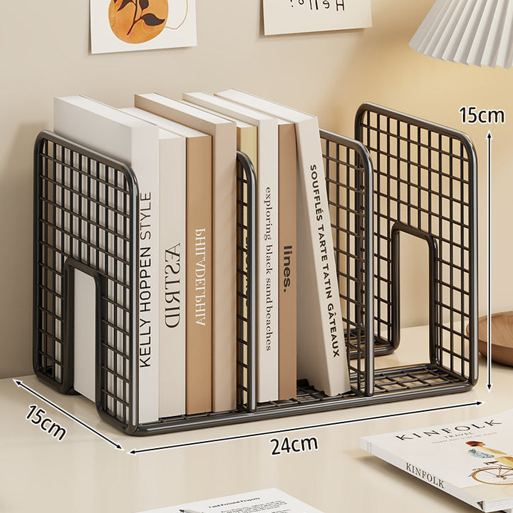 Mesh Metal Desk Book Organizer with Adjustable Dividers and Non-Slip Base