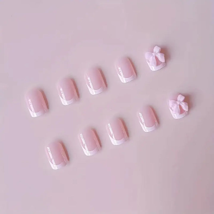 Elegant French Tip Press-On Nails with Bow Detail Kalsten