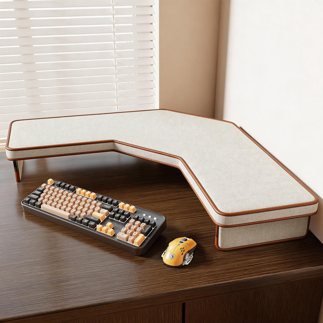 Corner Desktop Monitor Riser with Integrated Under-Shelf Storage and Cable Management