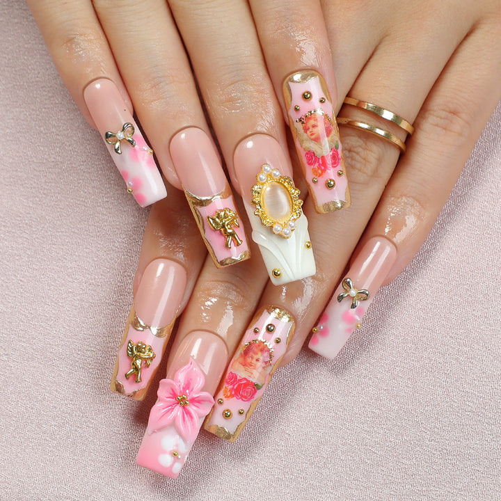 Creative nail art set with blooming decorations and glitter accents Kalsten