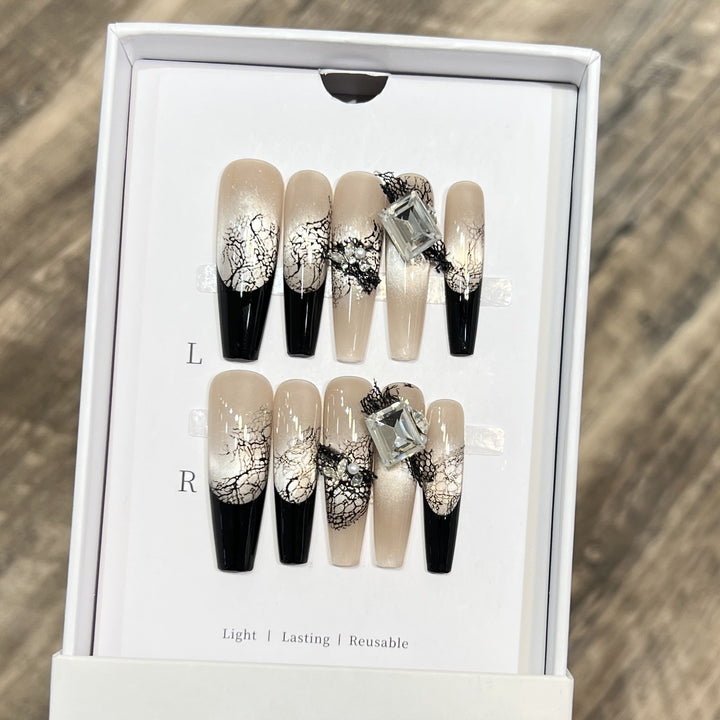 Artistic Press-On Nail Set with Unique Lace and Gemstone Accents Kalsten