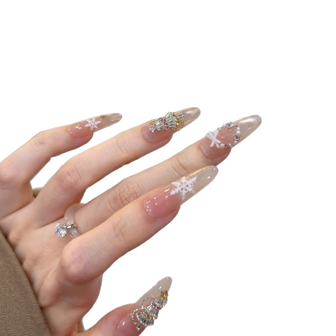 Decorative Stiletto Press-On Nail Art Set with Snowflake and Gemstone Accents Kalsten