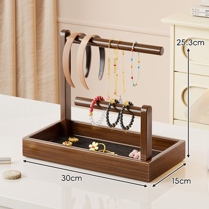 Multi-Level Wooden Jewelry Organizer Stand with Tray and Rod Display