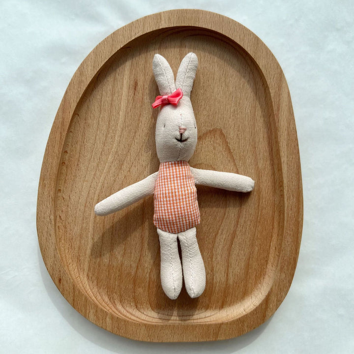 Miniature Linen Rabbit Comforter Plush with Gingham Pocket Dress and Ribbon Bow