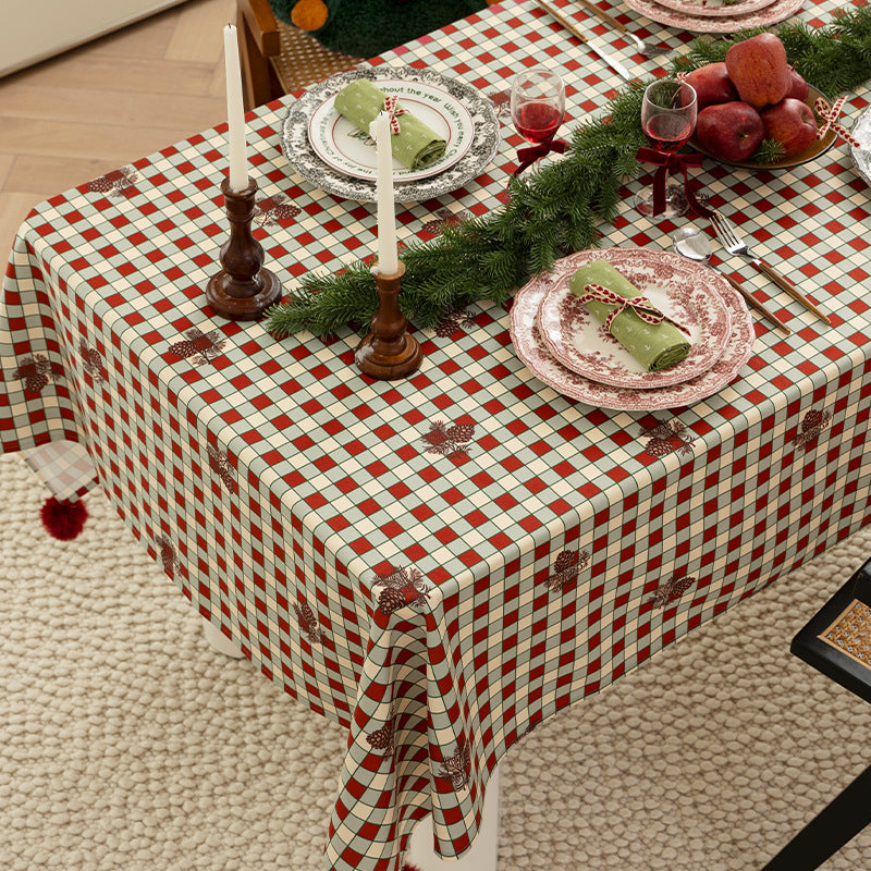 Rectangular decorative tablecloth with checkered pattern, pompom trim, and fine embroidered applique Kalsten