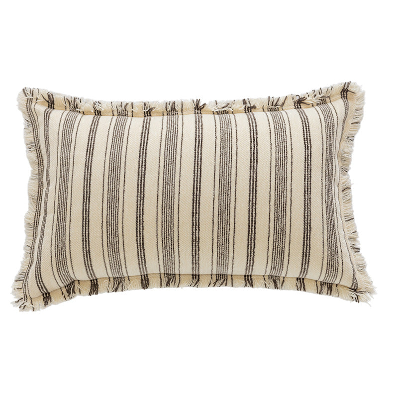 Square Woven Cotton Stripe Accent Pillow with Fringed Border and Removable Cover