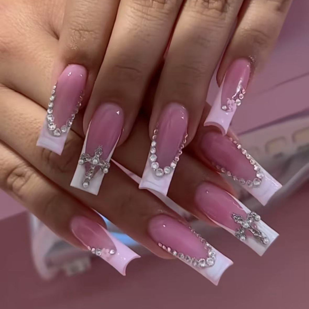 Acrylic nail set with glamorous rhinestone decorations and elegant French tips Kalsten