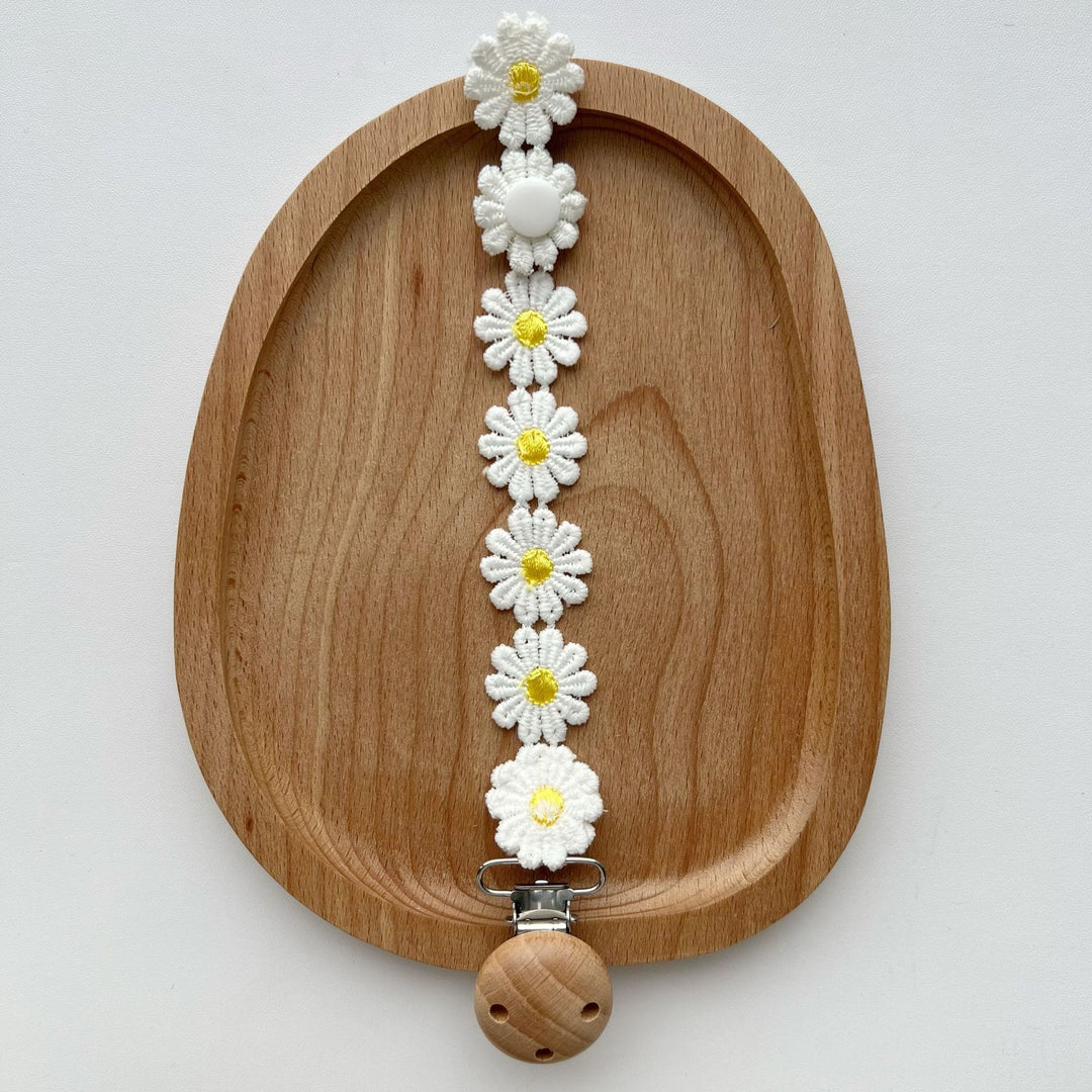 Handmade Crochet Daisy Pacifier Clip with Wooden Safety Clamp