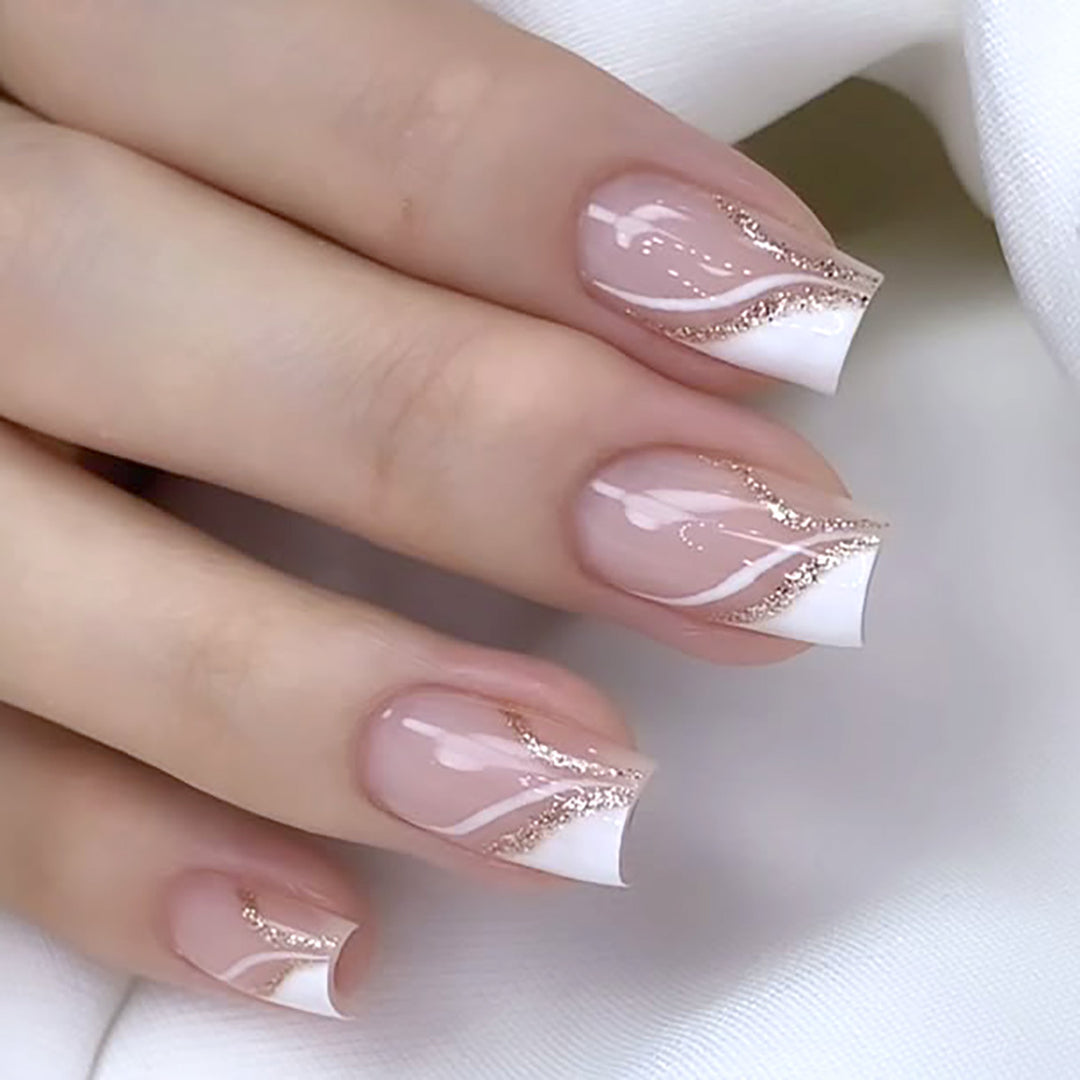 Elegant French Tip Press-On Nails with Glitter Accents Kalsten