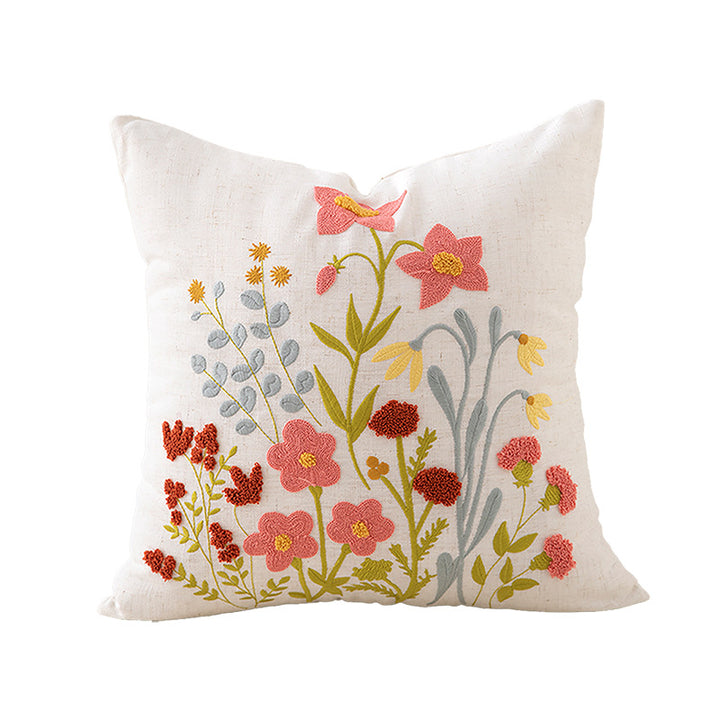 Decorative cushion cover linen look with hand-embroidered wildflowers and concealed zipper Kalsten
