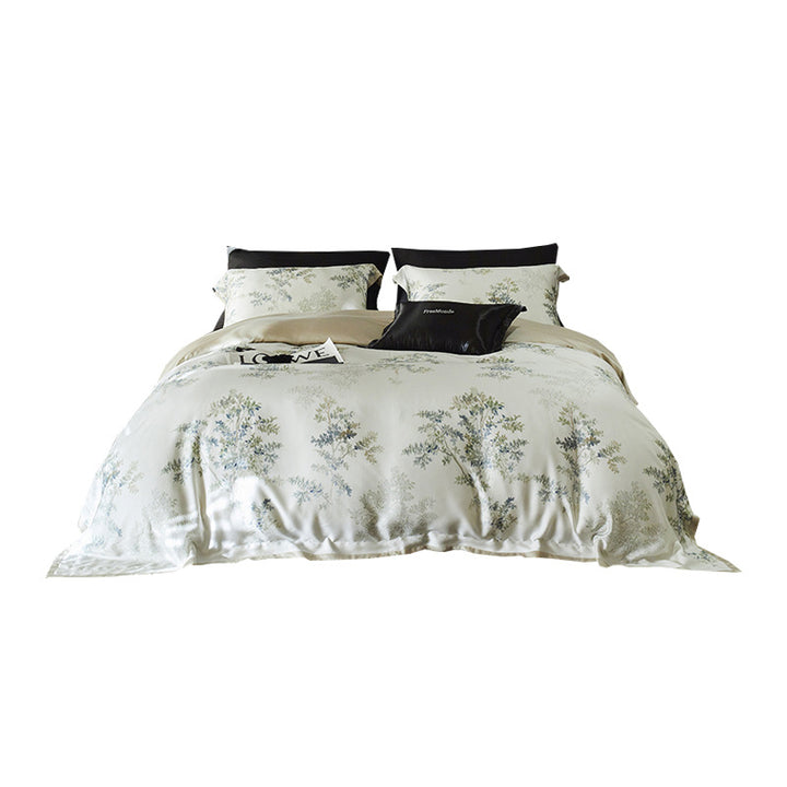 Luxurious cotton satin bedding set with fine botanical branch pattern and silky-soft touch