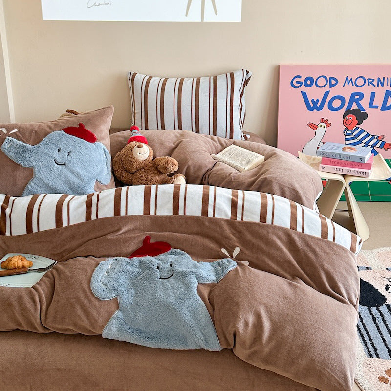 Quilted bedding and throw blanket set with check stitching, velvet texture, and floral appliqué