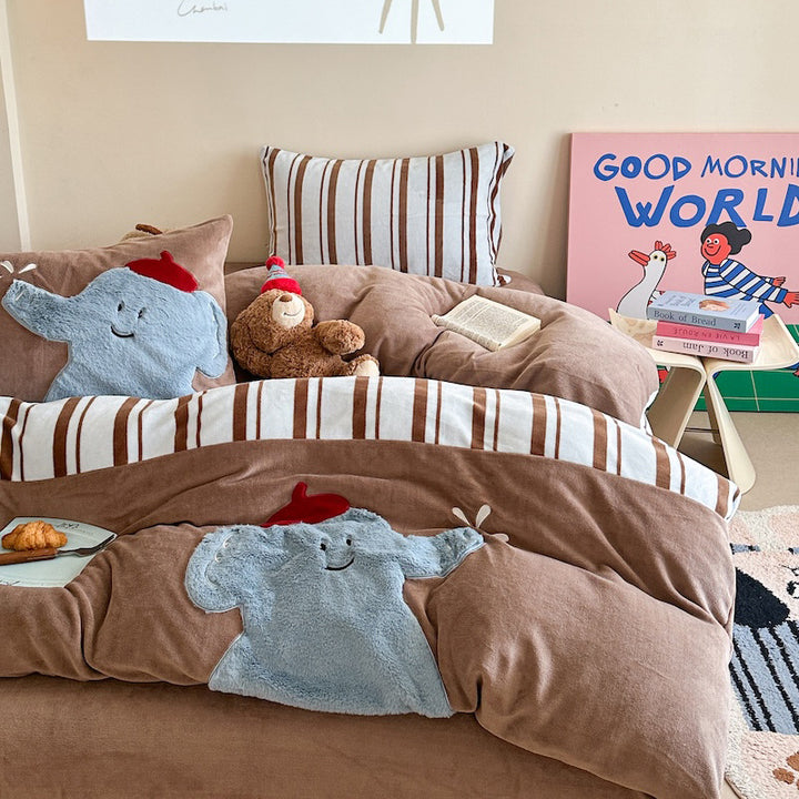 Quilted bedding and throw blanket set with check stitching, velvet texture, and floral appliqué