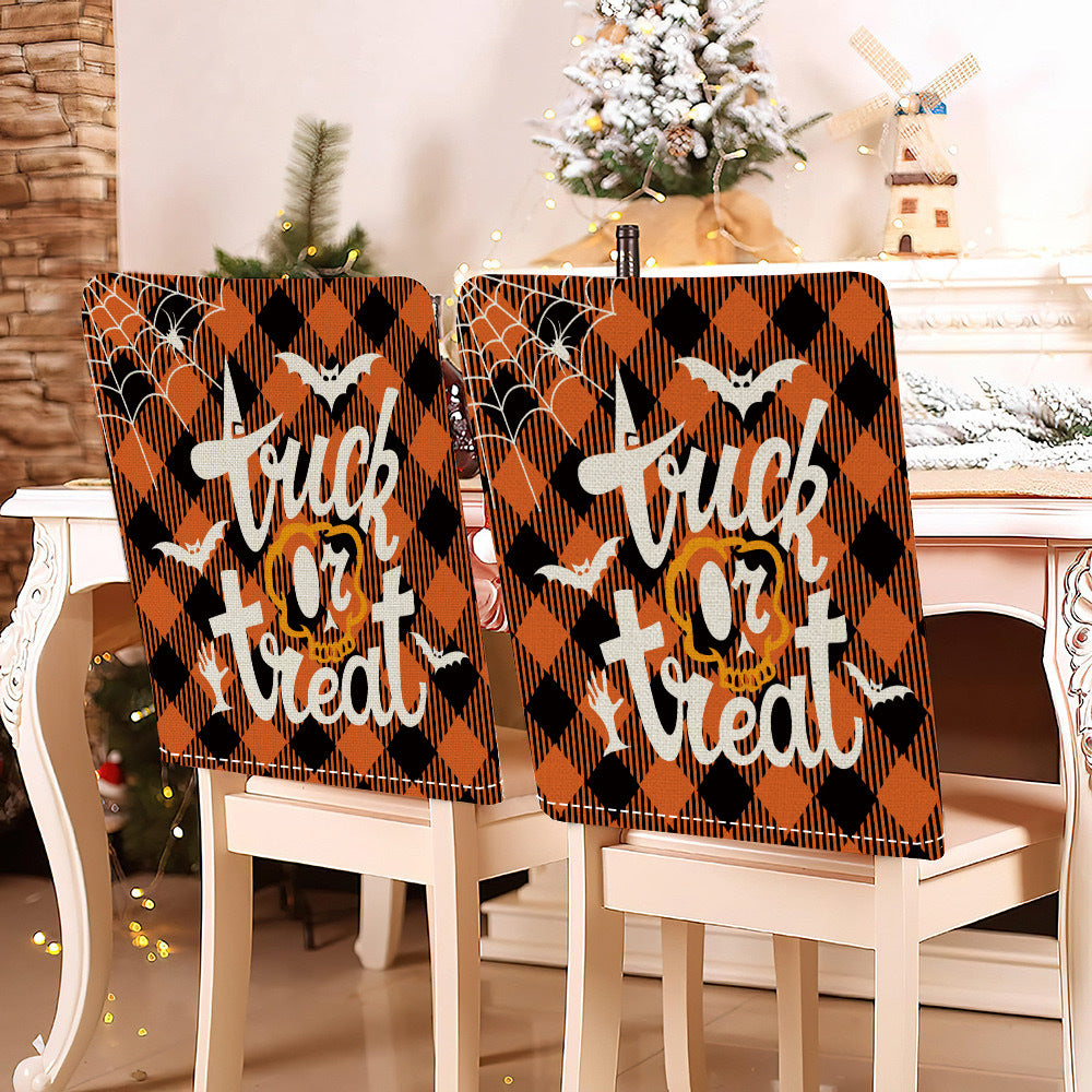 festive Halloween chair covers made of stretchable polyester with witch hat and lettering design
