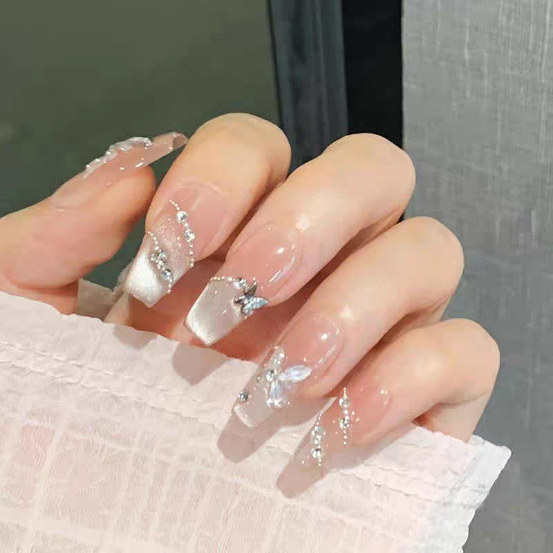 Premium Long Almond-Shaped Press-On Nail Set with Floral and Crystal Accents Kalsten