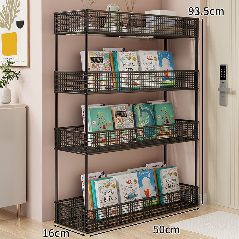 Freestanding Four‑Tier Metal Mesh Book and Display Shelf Rack