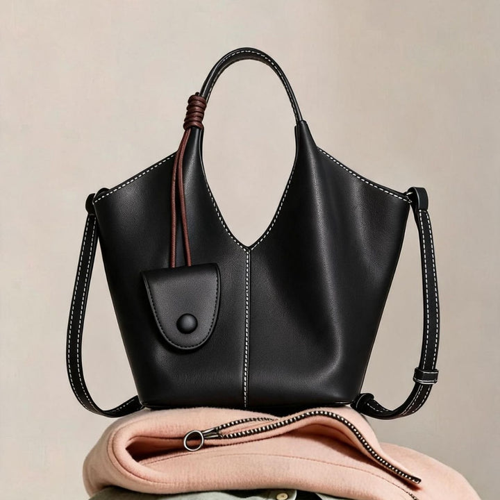 Curved-Top Soft Leather Bucket Tote with Hanging Mini Pouch