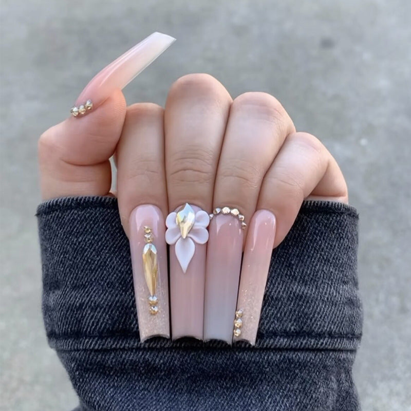 Decorative Long Stiletto Press-On Nails with Floral and Gemstone Accents Kalsten