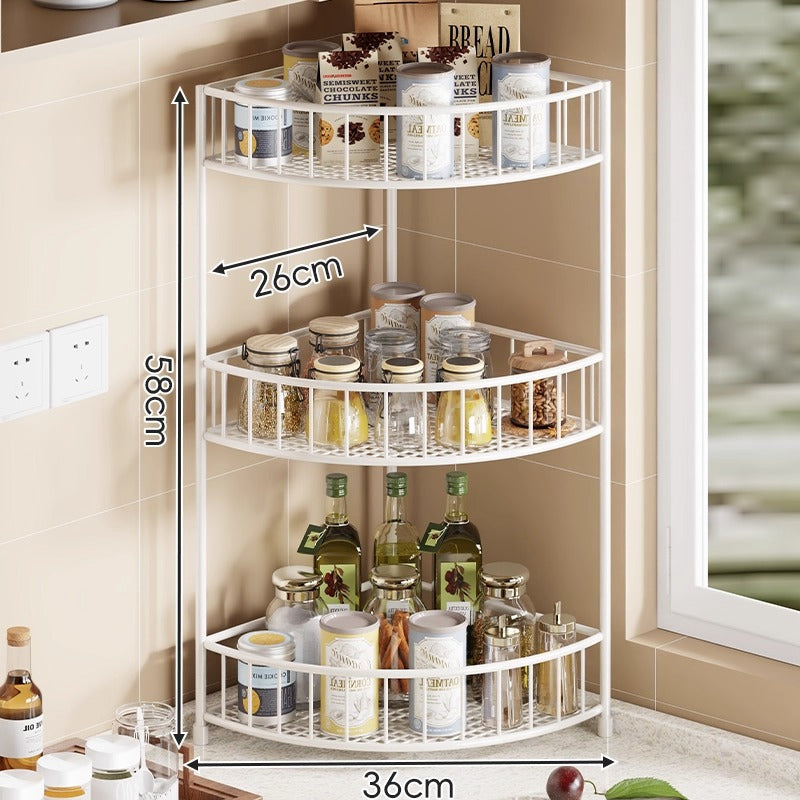Three-Tier Rounded Corner Kitchen Storage Rack with Raised Rails and Mesh Shelves