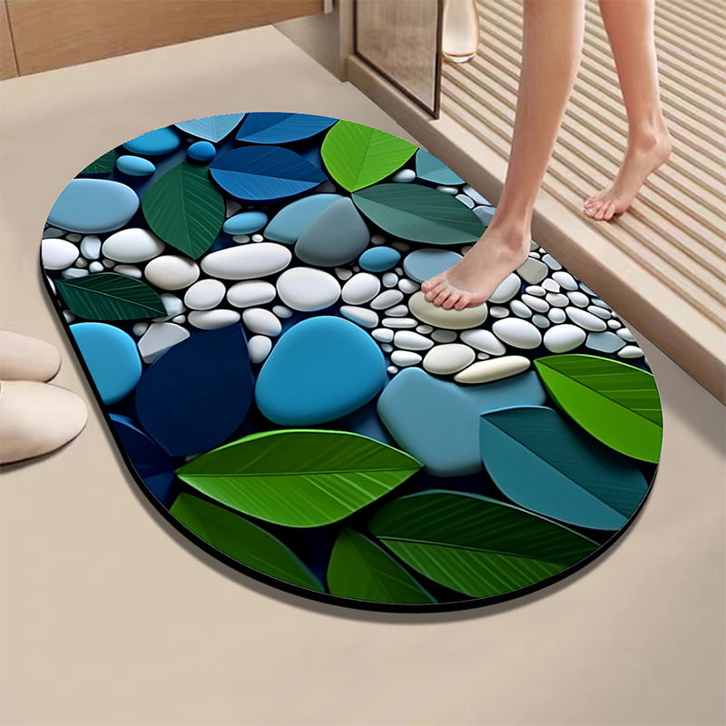 Artistic Leaf and Stone-Themed Bath Mat