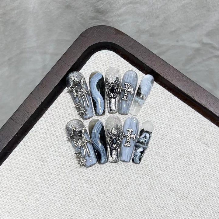 Glamorous Press-On Nail Art Set with Decorative Metallic Elements Kalsten