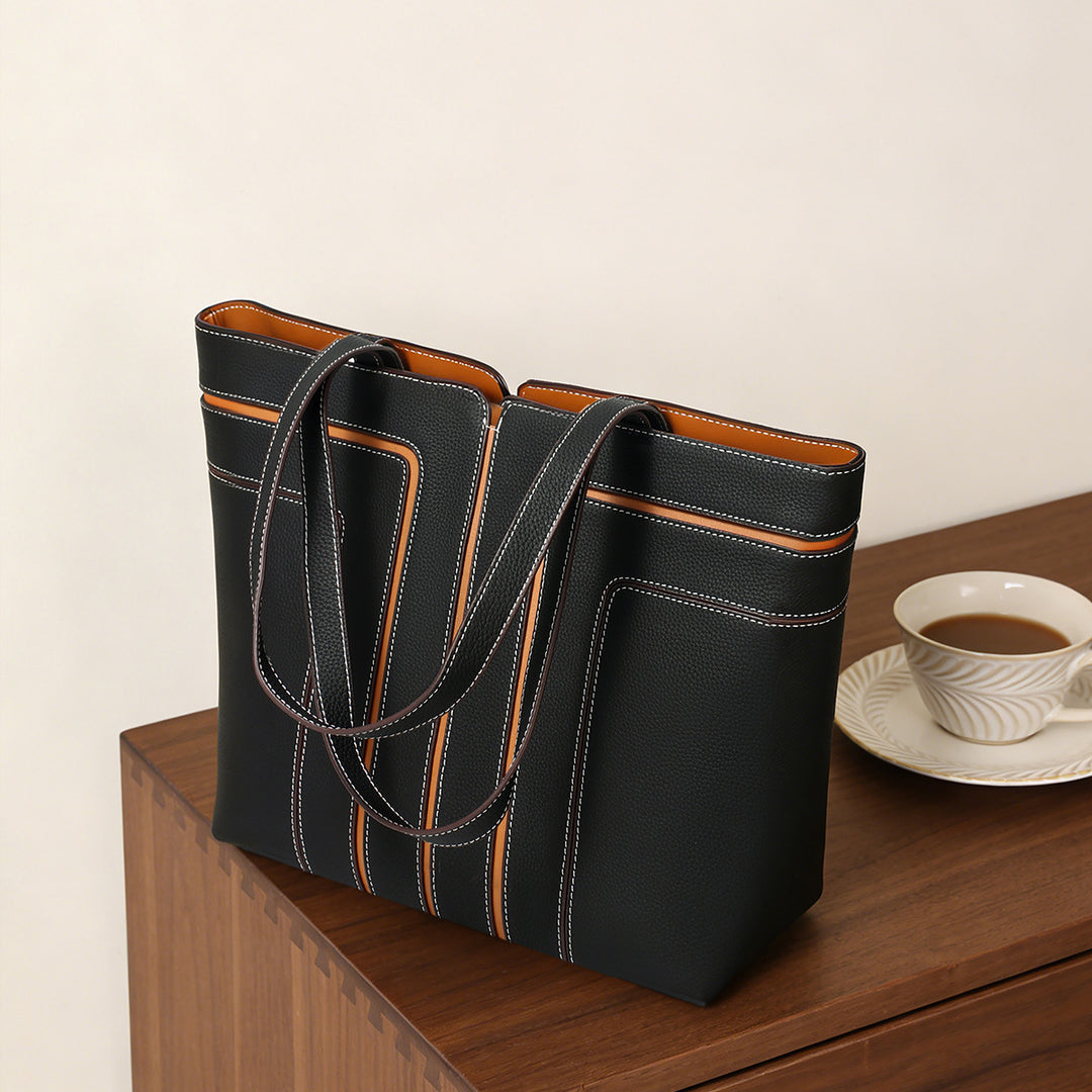 Structured Vertical-Panel Pebbled Tote Bag