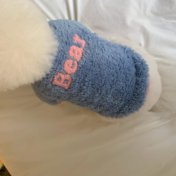 Teddy Plush Pullover Dog Sweater with High-Fit Ribbed Neck and Embroidered Lettering