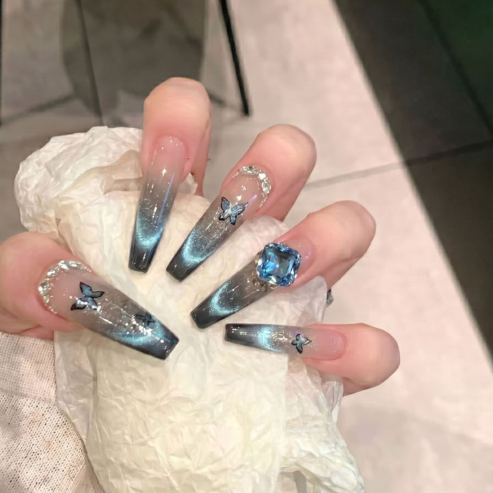 Artistic Ombre Press-On Nail Art Set with Butterfly and Gemstone Accents Kalsten