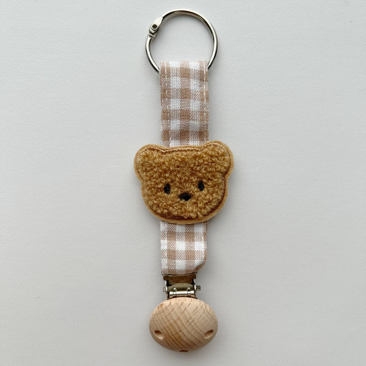 Cotton Gingham Strap Pacifier Clip with Padded Floral Comforter and Wooden Safety Clamp