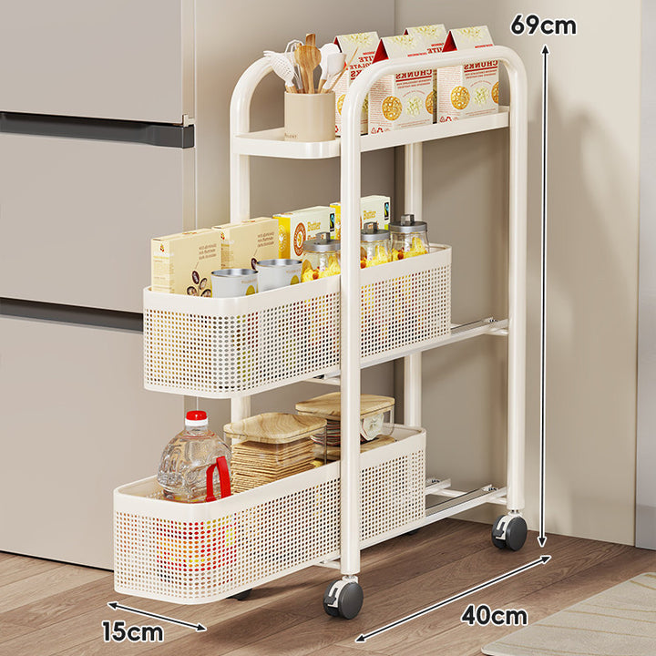 Slim Sliding Pantry Trolley with Perforated Pull-Out Mesh Baskets and Locking Casters