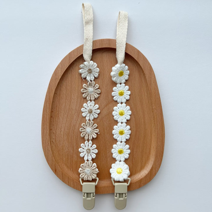 Crochet Daisy Pacifier Clip with Cotton Strap