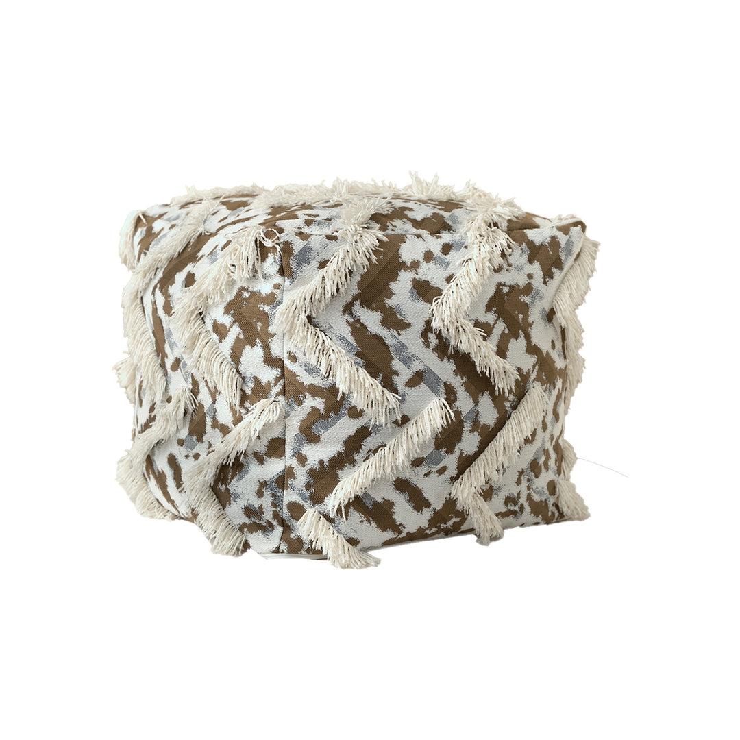 Filled floor seat pouf in ethnic jacquard with decorative fringes Kalsten