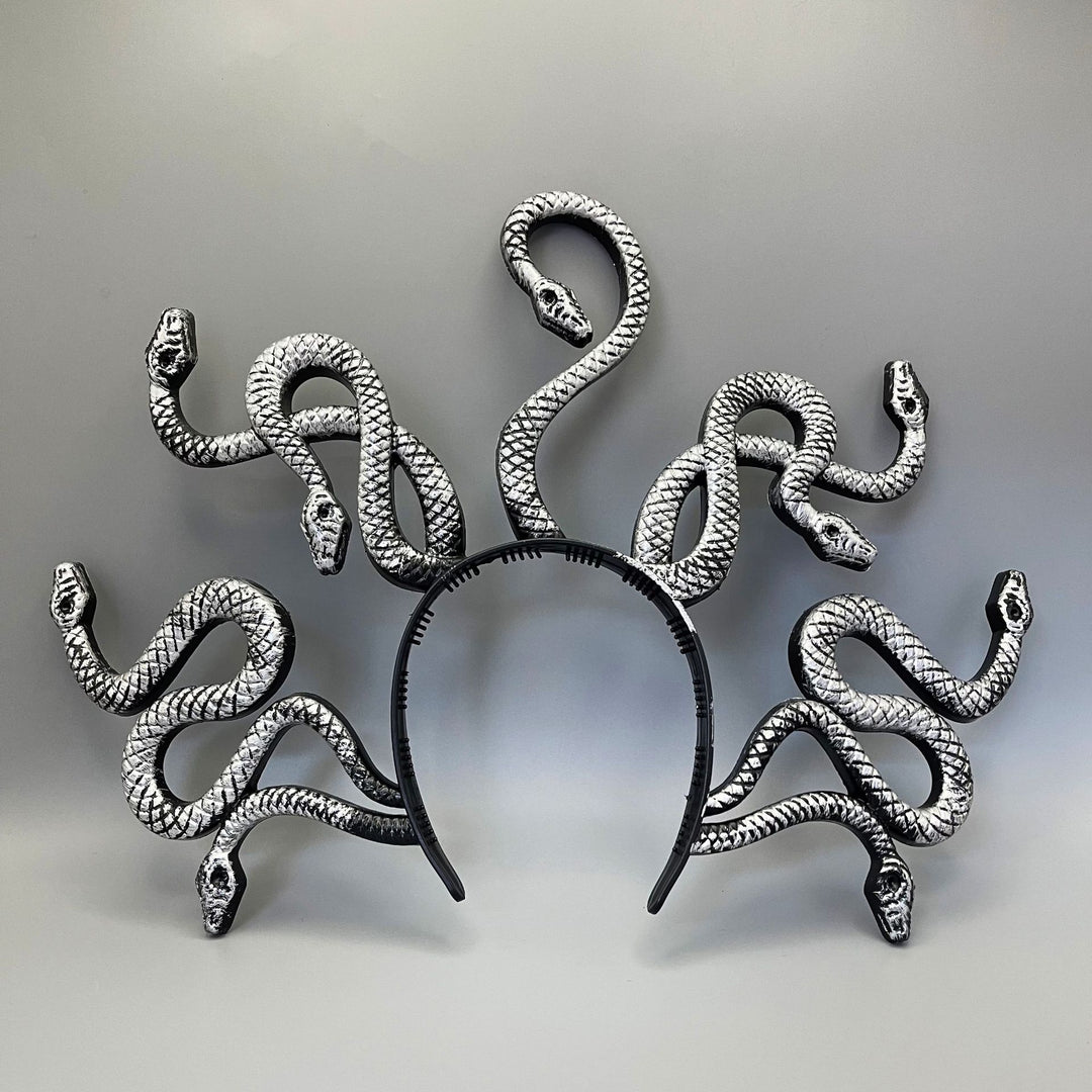 Medusa-inspired headband with 3D snake applications