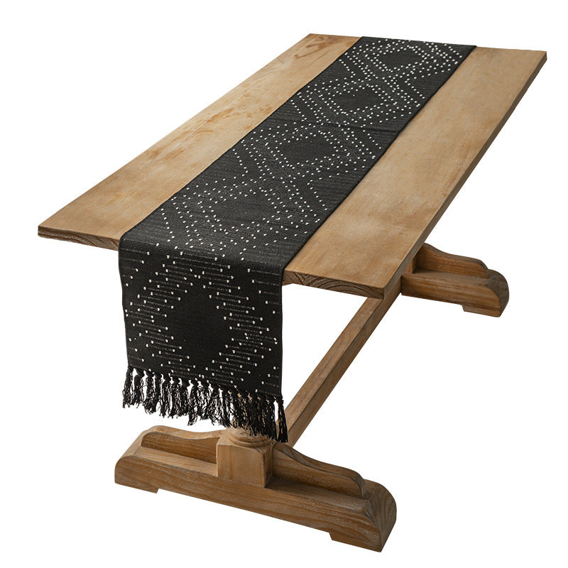 Handwoven table runner made of cotton blend with fringes and geometric dot jacquard Kalsten