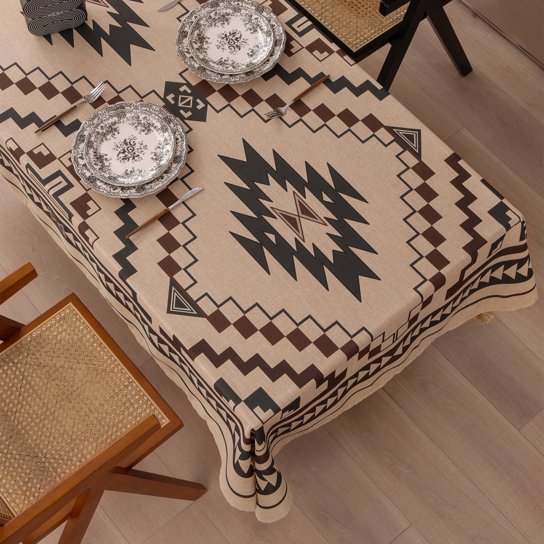 Rectangular tablecloth in linen look with pompom tassels Kalsten