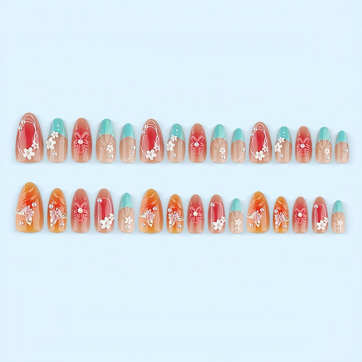 Artificial nail set with floral accents and glittering 3D applications Kalsten