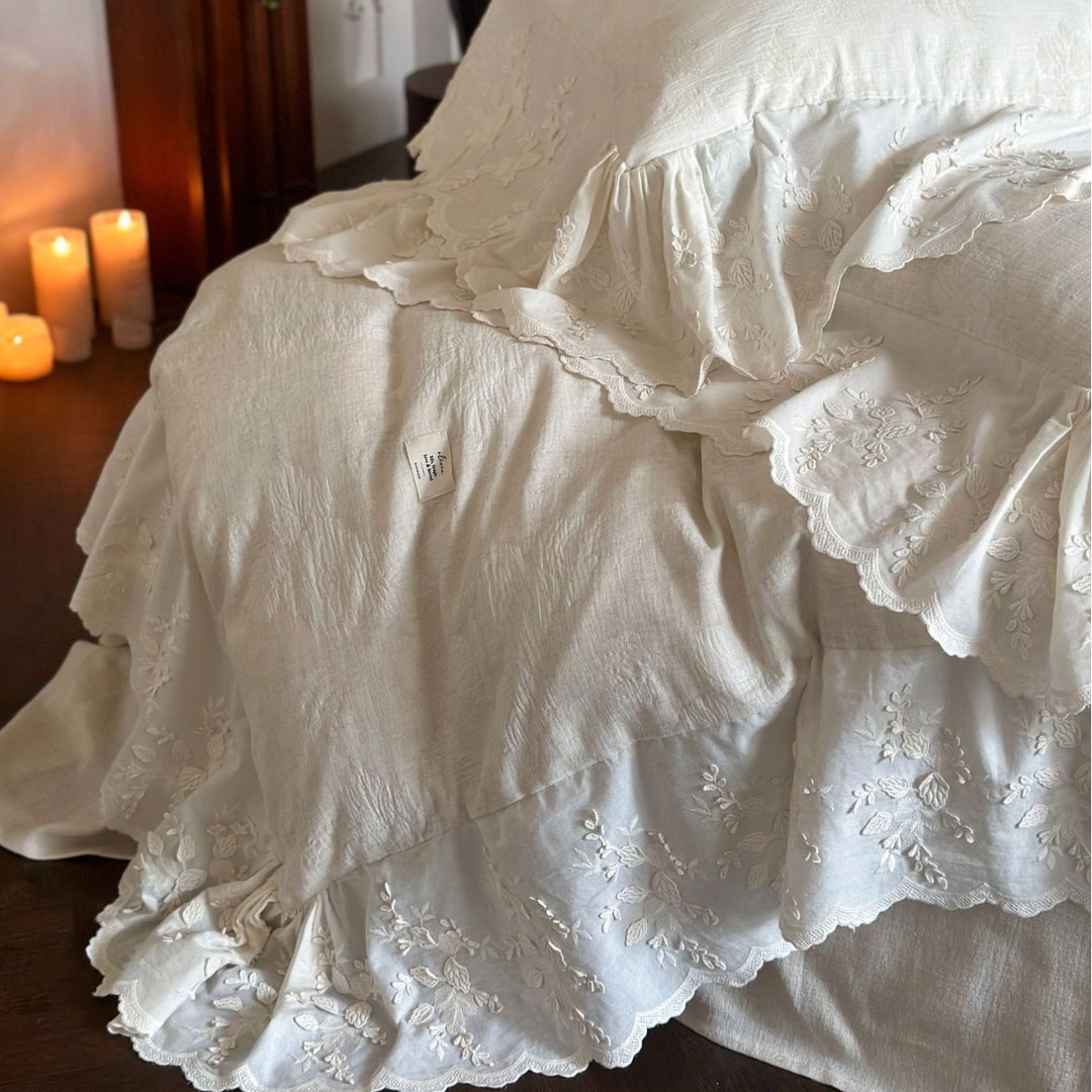 High-quality linen bedding set with floral lace border and ruffle