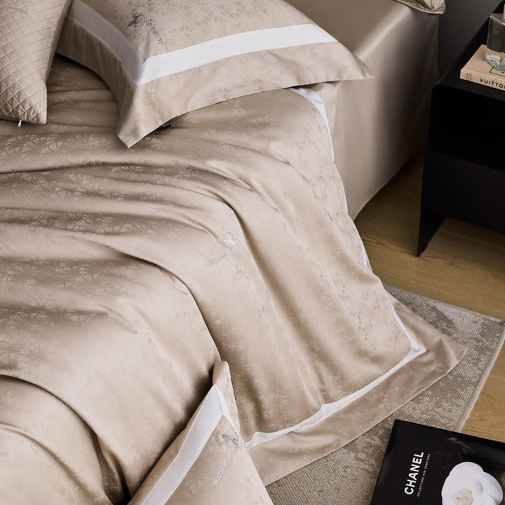 Premium cotton satin bedding set with subtle jacquard relief and fine hem