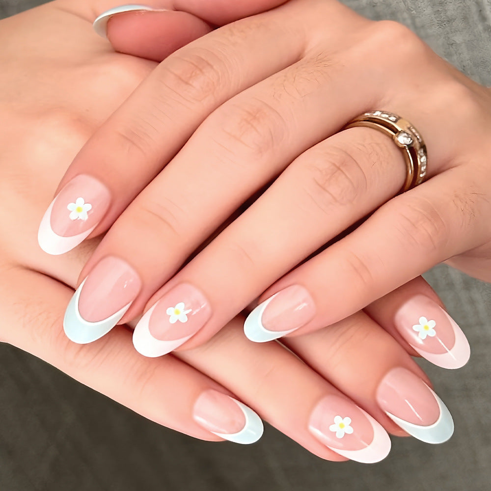 Elegant French Tip Press-On Nails with Floral Accents Kalsten