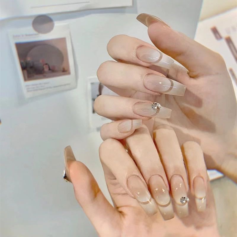 Artful French Tip Art Nails with Rhinestone Accents Kalsten