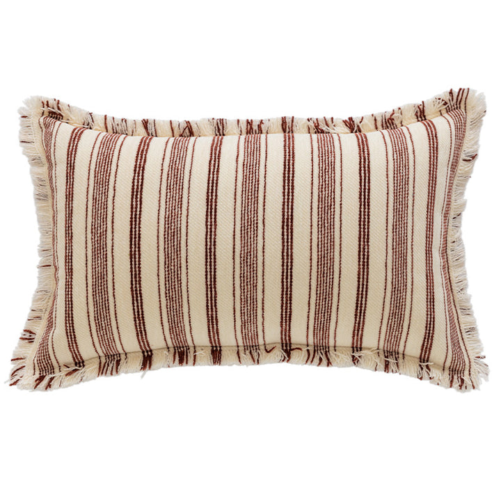 Square Woven Cotton Stripe Accent Pillow with Fringed Border and Removable Cover