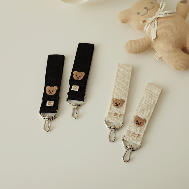 Double Clip Woven Bag Strap with Embroidered Bear Key Lanyard