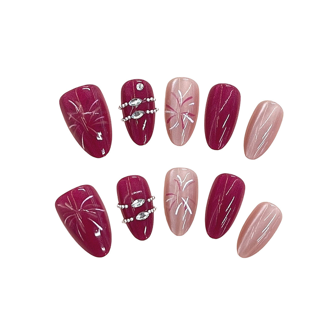 Artistic Press-On Nail Set with Floral Patterns and Gem Accents Kalsten