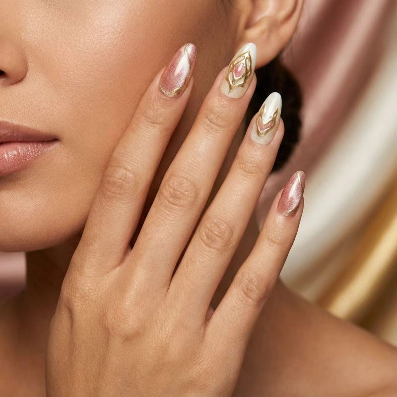 Artificial nails with floral gold accents and glossy finish Kalsten