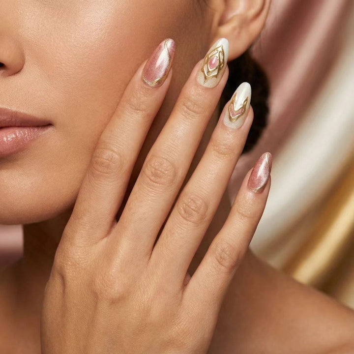 Artificial nails with floral gold accents and glossy finish Kalsten