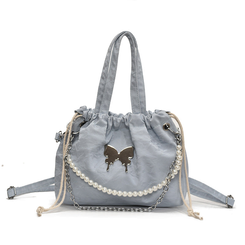 Elegant Pearl-Accented Mini Drawstring Handbag
