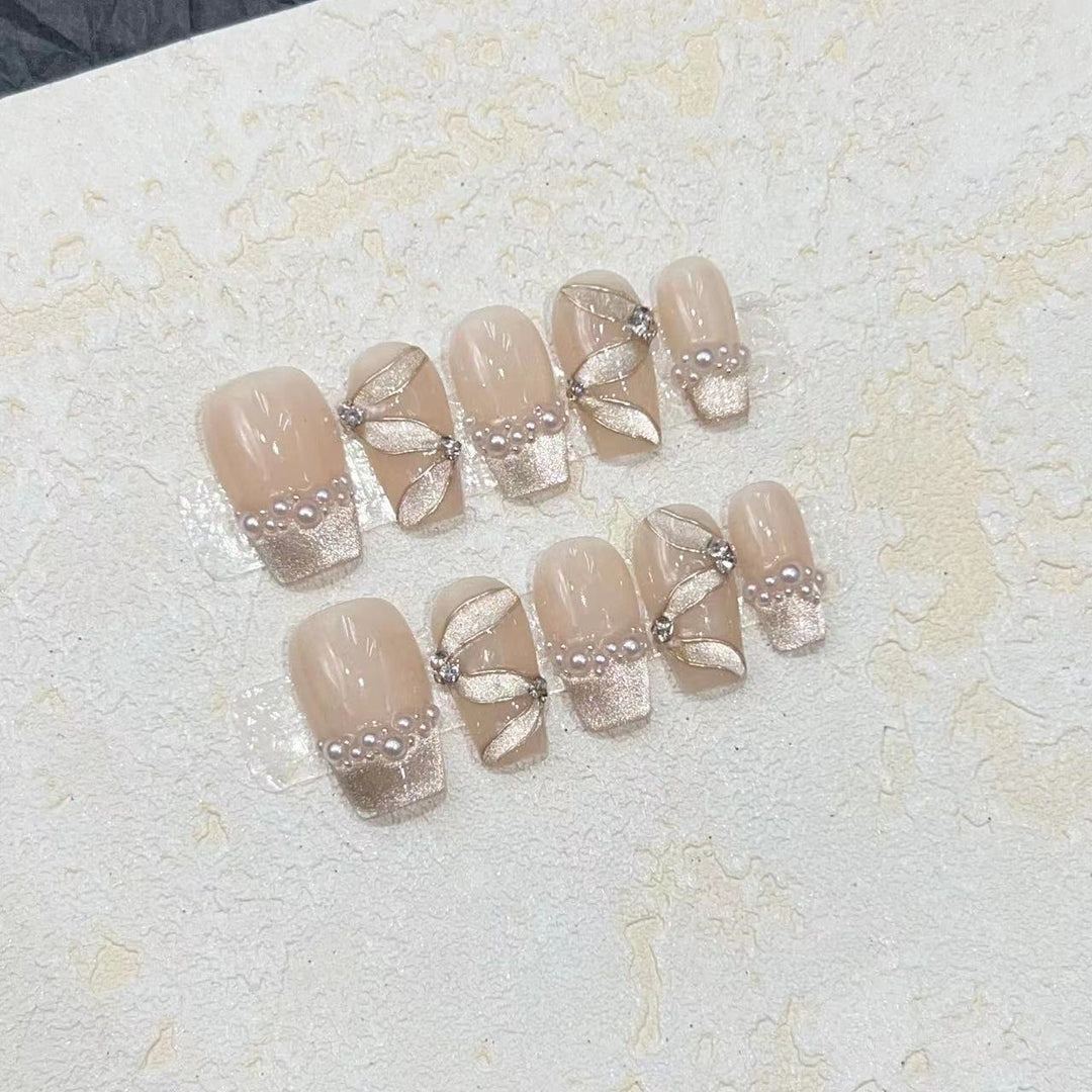 Luxurious Decorative Press-On Nail Set with Pearl and Gemstone Accents Kalsten
